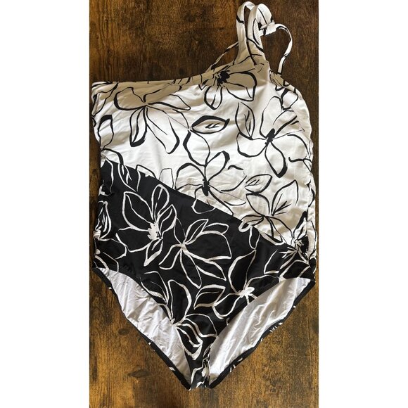 New La Blanca One Piece Swimsuit Size 22W Cut Out One Shoulder Black White - Picture 3 of 6